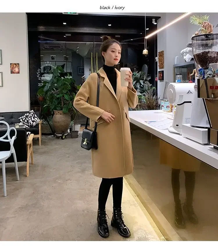 Fashionable 2023 Medium-length Woolen Jacket For Women Loose-fit Camel Color Korean Style Overcoat Trendy Autumn Winter