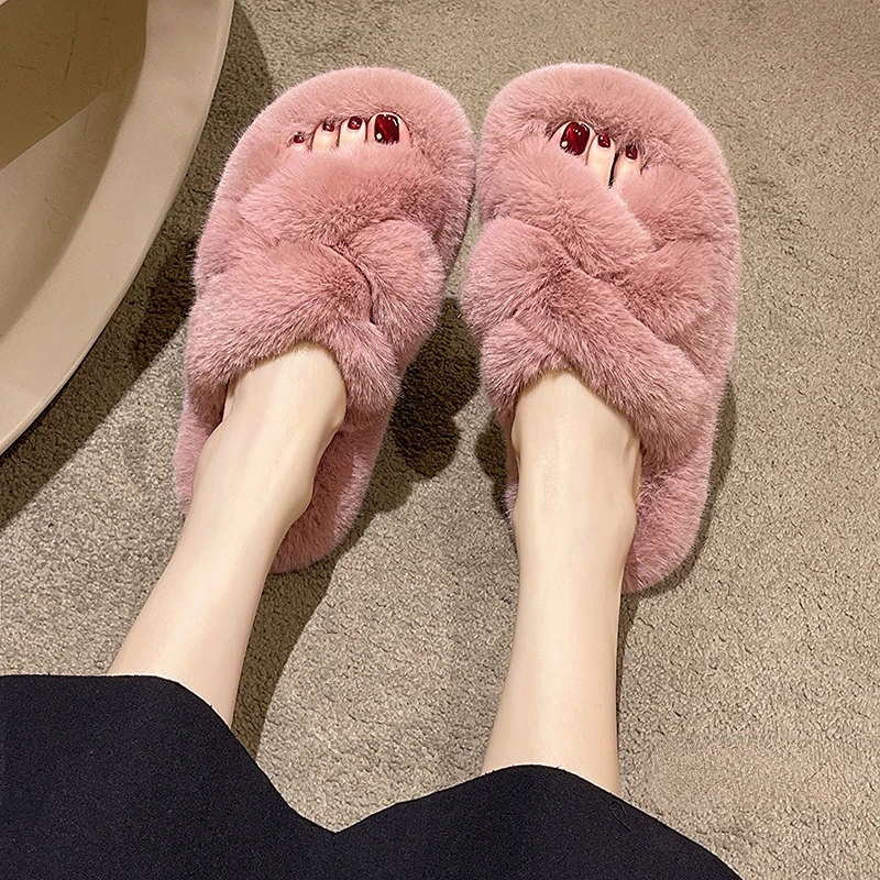 Women Fashion Warm Fluffy Slippers Cozy Faux Fur Cross Indoor Floor Slides Flat Soft Furry Ladies Female Celebrities Flip Flops