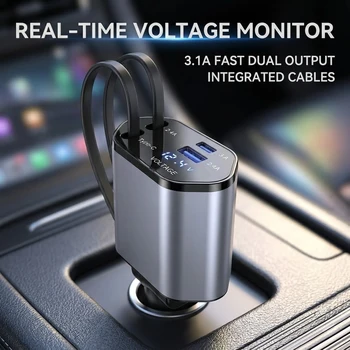 Adattatore per caricabatterie rapido da auto a 4 porte da 120 W con doppi cavi integrati e display digitale a LED per smartphone, tablet e dispositivi