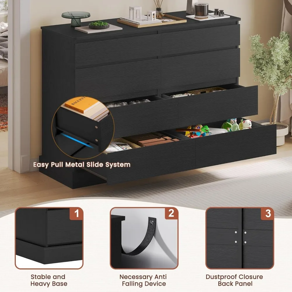 Black Dresser for Bedroom, Long Dresser with 8 Drawers, 51.5''W Wooden Dresser Chest of 8 Drawers, Clothing Storage Cabinet