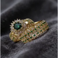 Exquisite Gold Color Hip Hop Rings for Women Fashion Inlaid Zircon Green Stones Wedding Rings Set Bridal Engagement Jewelry - Image 6