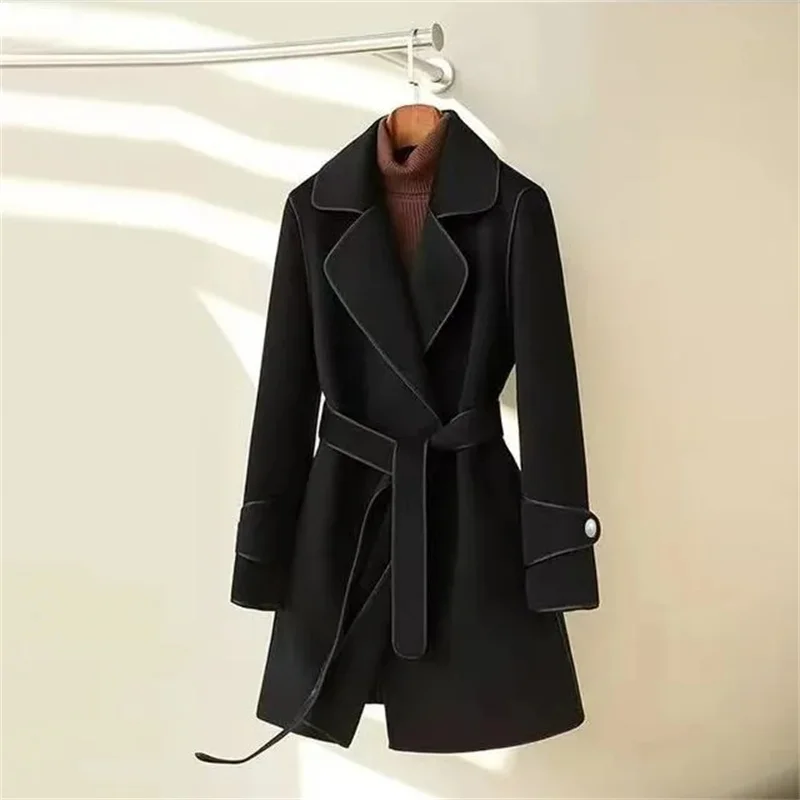 

High End Double-sided Cashmere Coat Women Autumn/Winter Slim Belt New Mid-Length Woolen Overcoat Lady Elegant Wool Windbreaker