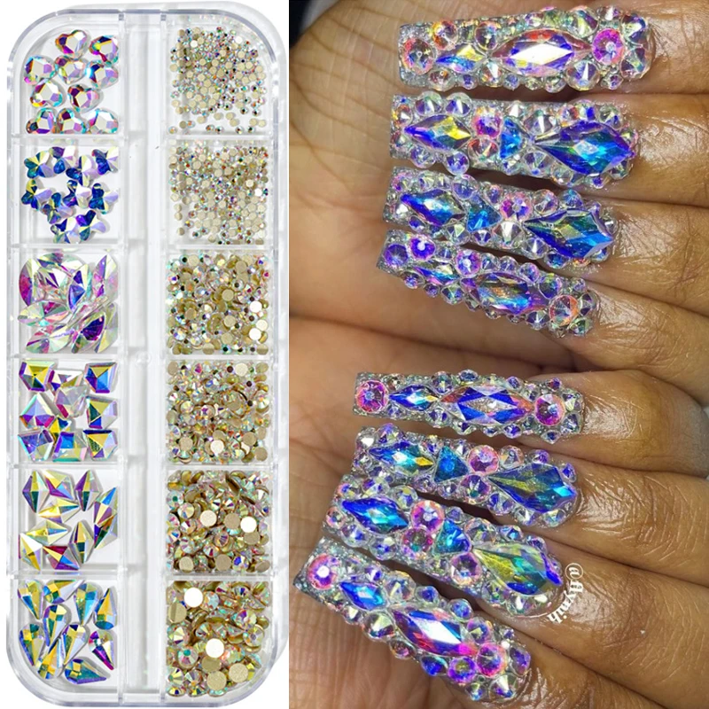 12 Girds Colorful Nail Rhinestones Mixed Size Diamonds 3DGlitter