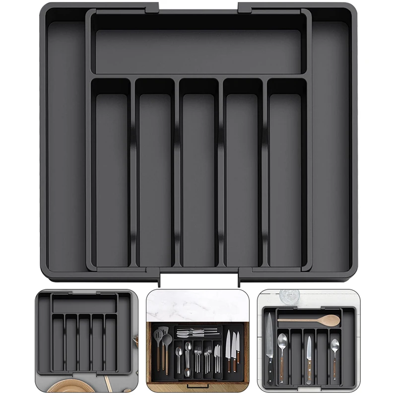 Large Capacity Silverware Drawer Organizer, Adjustable Utensil Tray Flatware Cutlery Holder, Kitchen Counter Storage Containers