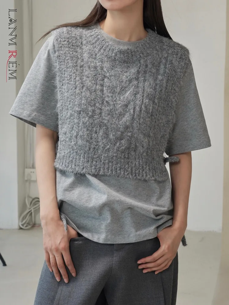 [LANMREM] Fashion Designer Lace-up Knitting Vest For Women Round Neck Korean Style Clothing 2024 Spring New Tops 26D8405