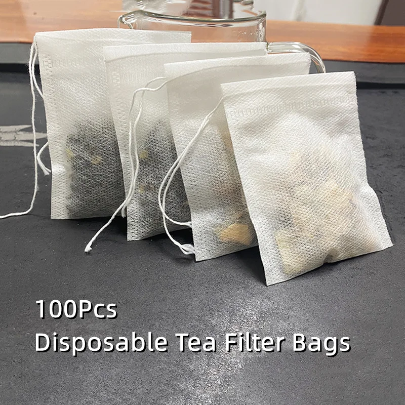 

Одноразовые чайные пакетики с фильтром, сетчатые мешки из нетканого материала на шнурке для заварки трав, специй, герметичные карманные чайные пакетики для пищевых продуктов, 100 шт.