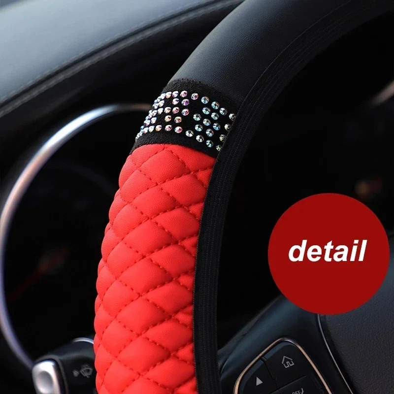 Universal Car Steering Wheel Cover 37-38cm Leather Embroidered Color Diamond-Studded Elastic Four Seasons Steering Wheel Cover - Image 5