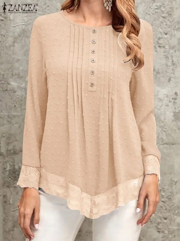 

ZANZEA 2023 Autumn Buttons O-neck Tops Women Lace Stitching Blouse Fashion Solid Long Sleeve Shirts Casual Loose Pleating Blusas