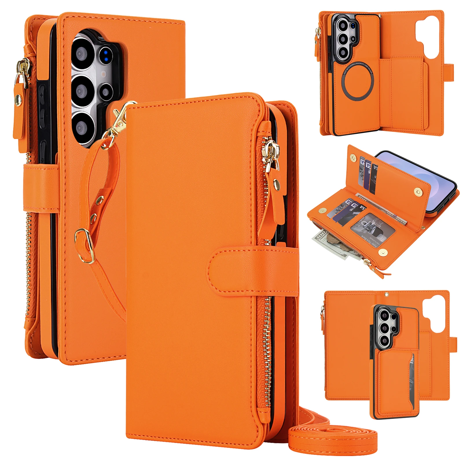 Premium Wireless Charging Flip Wallet Phone Case with Lanyard Strap and Bumper Protection
