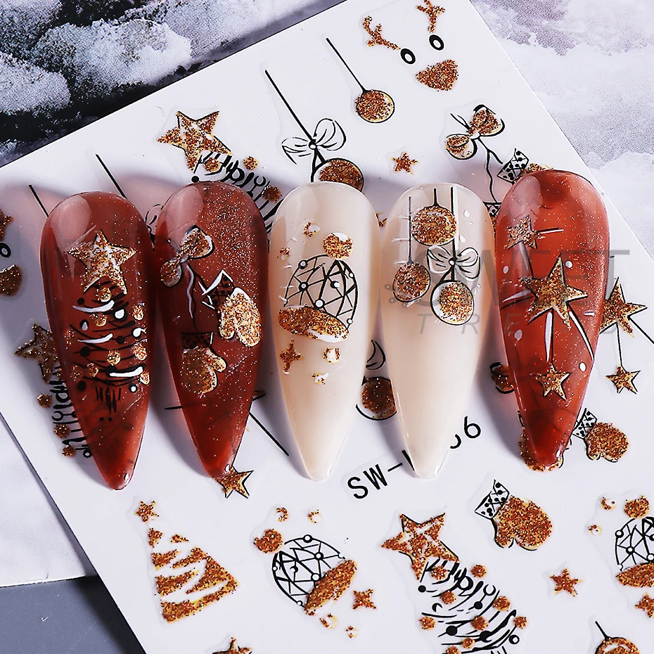 2pcs Cartoon Christmas Nail Stickers Glitter Gold Snowflake Reindeer Glove Xmas Tree Nail Slider Decals DIY Manicure Decoration