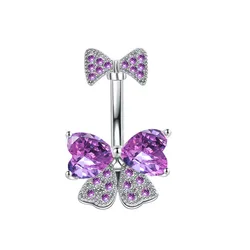 Pink Crown Heart Belly Button Ring with Crystal Accents - Stainless Steel Navel Jewelry (Style3 Purple)