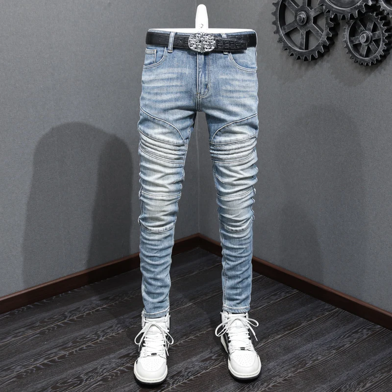 Street Fashion Men Jeans Retro Light Blue Spliced Designer Elastic Skinny Fit Biker Jeans Men Patched Hip Hop Denim Pants Hombre