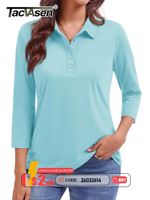 TACVASEN Women's 3/4 Sleeve Polo Shirts V Neck Collared Tops Cotton Blend Soft Golf Work Casual T-Shirts Casual Business Tops