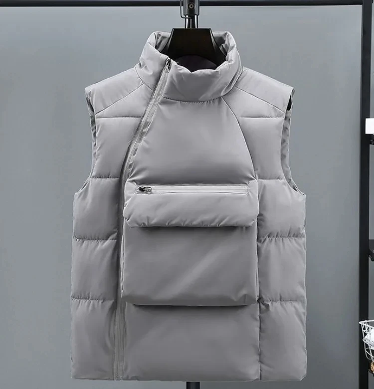 Round Neck Vest Men's Autumn Winter Cotton Thickened Thermal Vest Youth Fashion Side Zipper Sleeveless Coat Pullover Y2k
