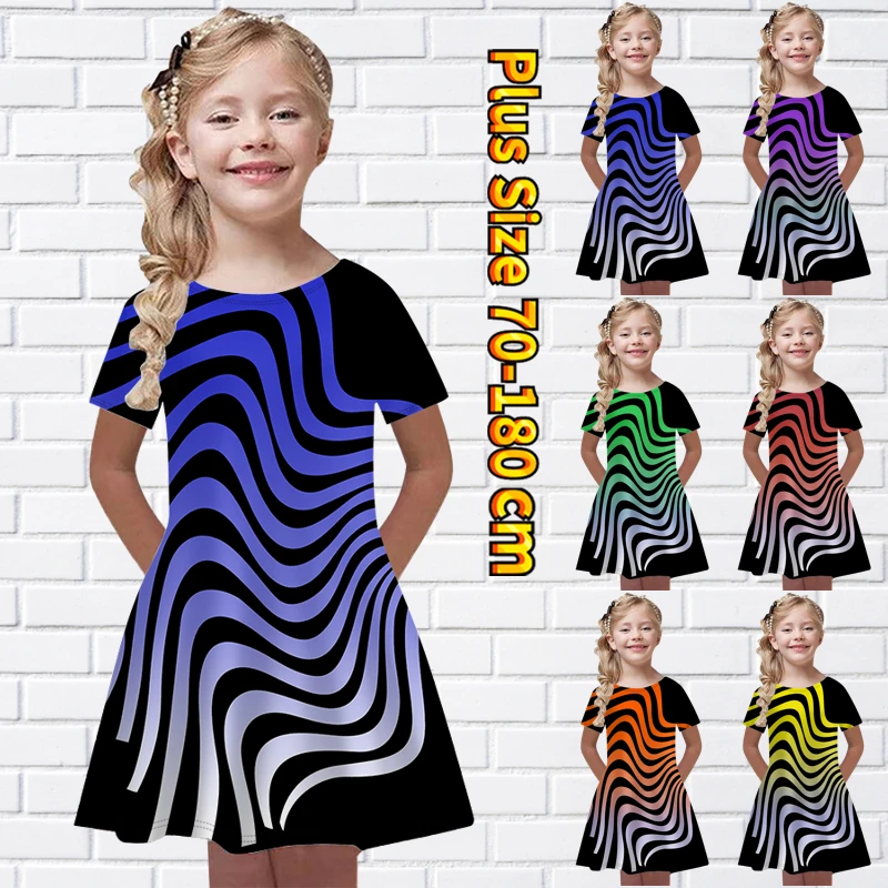 

Summer Round Neck and Knee Skirt Little Girl Daily Street Vintage Midi Skirt Oversized Short Sleeve Skirt Loose Princess Skirt