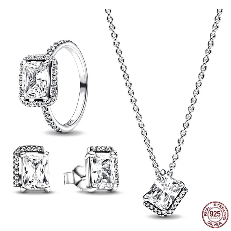 

2023 New 925 Sterling Silver Exquisite Women's Set Rectangle Shiny Halo Necklace Earrings Charming Women's Jewelry