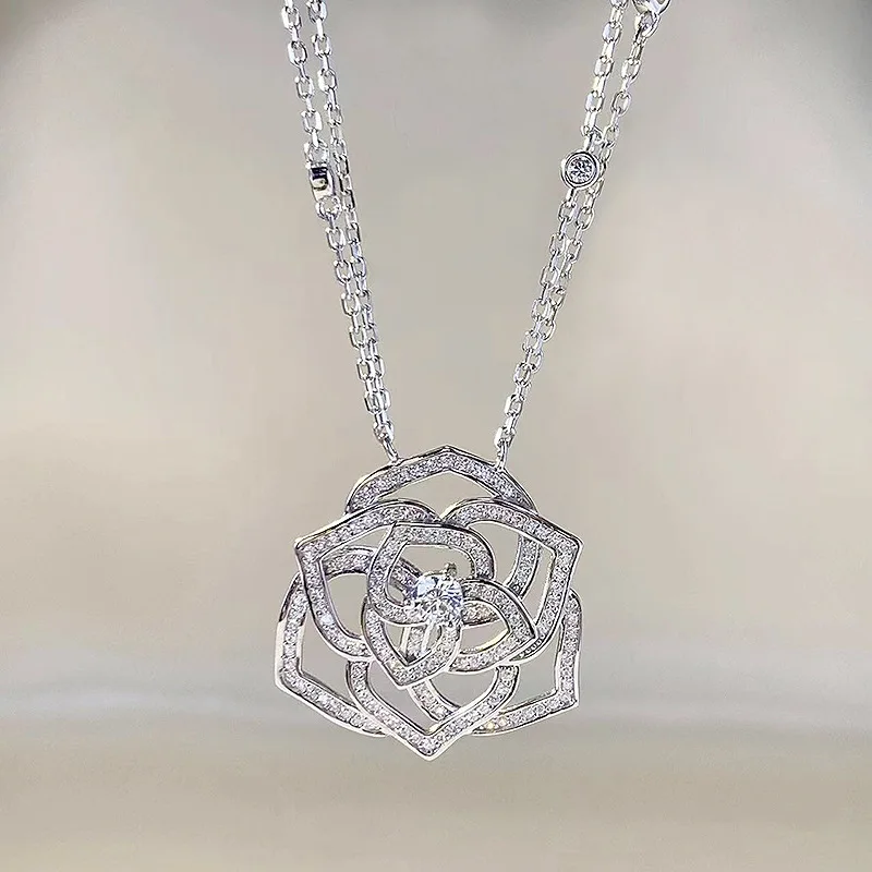 

2023 New 925 Silver French Romantic Camellia Necklace Women's Fashion Personality Hollow Out Pendant