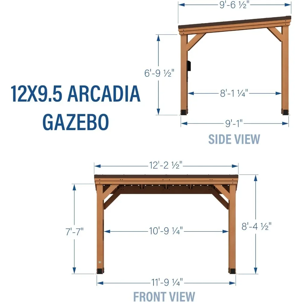 12 x 9.5 All Cedar Wooden Gazebo Pavilion Hard Top Steel Slope Roof Supports Snow Loads and Wind Speed Rot Resistant