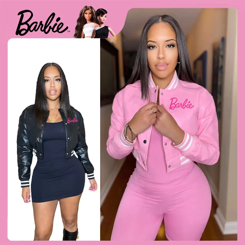 

Barbie Leather Baseball Jacket Fall Cute Girls Y2K High Quality Hundred Splicing Sexy Hottie Tops Fashion Single Holiday Gifts