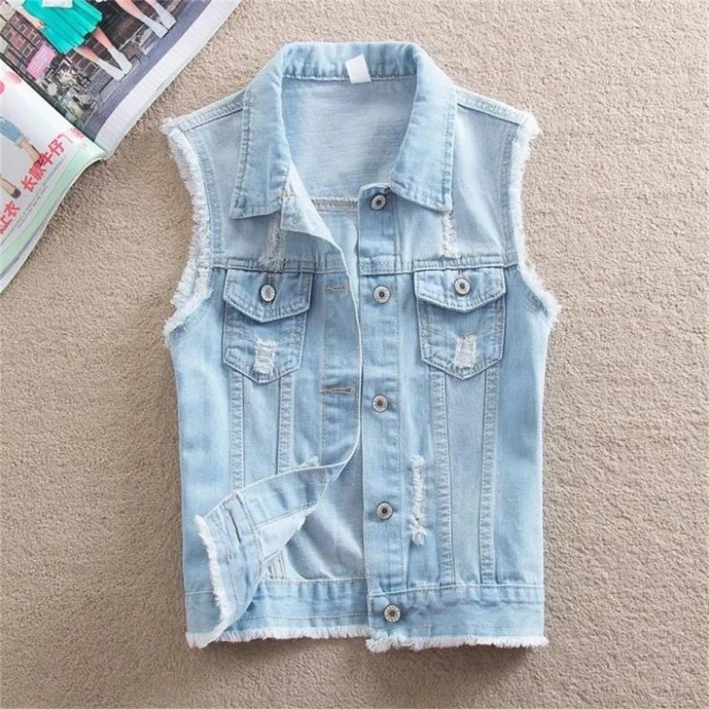 

Autumn Women Denim Vests Sleeveless Waistcoat Students Casual Jean Tops Slim Jackets Hole Spring Slim Outersear Burrs Vest