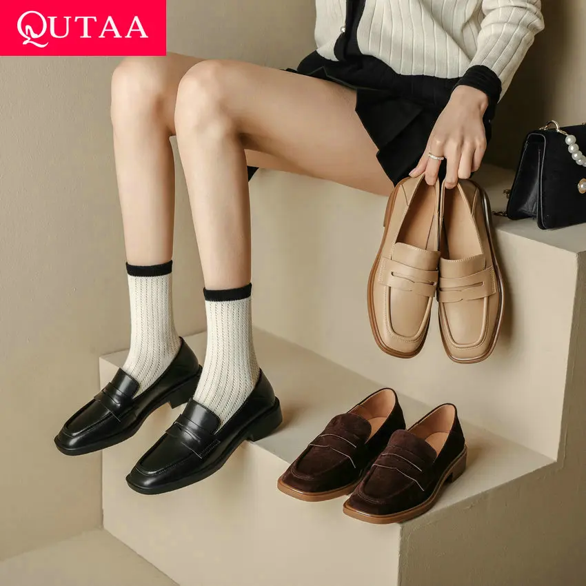 

QUTAA 2023 Thick Low Heels Women Pumps Round Toe Genuine Leather Office Lady Working Spring Summer Shoes Woman Size 34-40