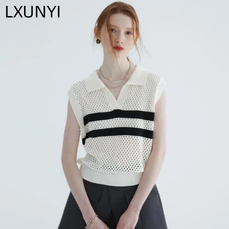

LXUNYI Spring Summer 2023 Striped Patchwork Knitted Top Women Hollow Out Loose Pullover Sueter Mujer Turndown Collar Sweater