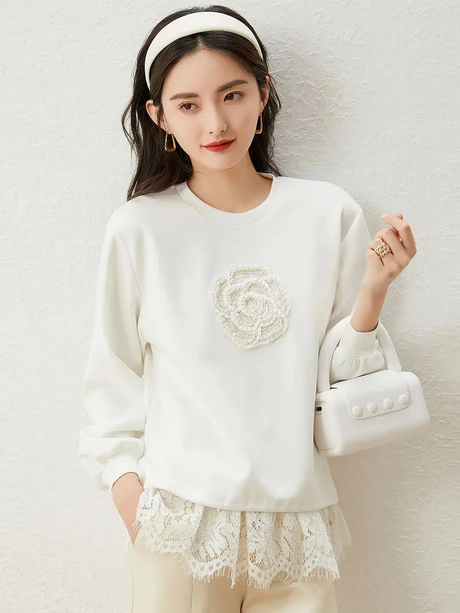 LOUIS YAO Women Hoodies 2024 Spring New Bead Flower Round Neck Long Sleeve Lace Casual Fashionable Women Pullover Top