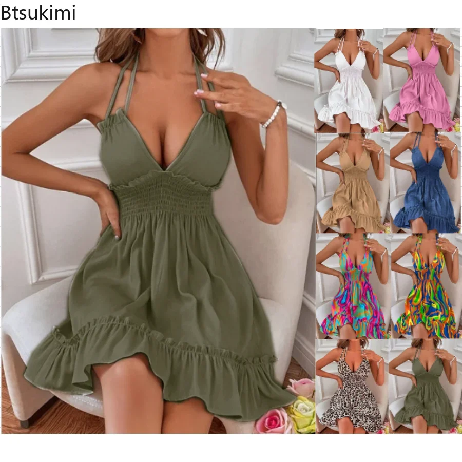 

New 2024 Women's Summer Casual Dress Sexy V Neck Strap with Wooden Ear Edge Parallel Wrinkle Stitch Beach Mini Dress Vestidos