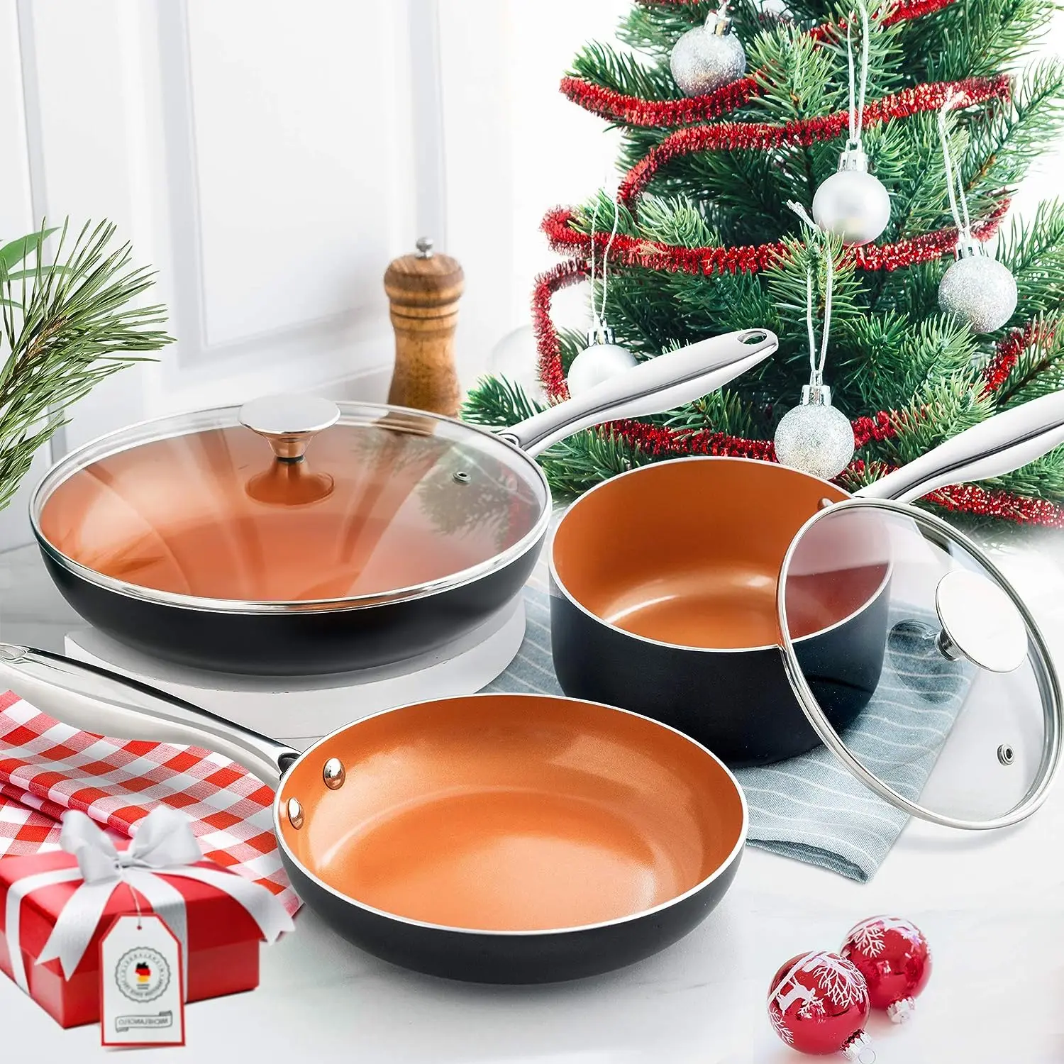 MICHELANGELO Frying Pan with Lid, Nonstick 8 Inch Frying Pan with Ceramic  Titanium Coating, Copper Frying Pan with Lid, Knife Set, Sharp 10-Piece