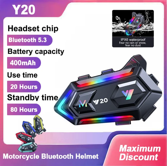 Auriculares para Casco de Motocicleta Y20, Auriculares Inalámbricos BT5.3, 400 mAh, Reducción de Ruido, Impermeables, Llamadas con Manos Libres, con Luz RGB