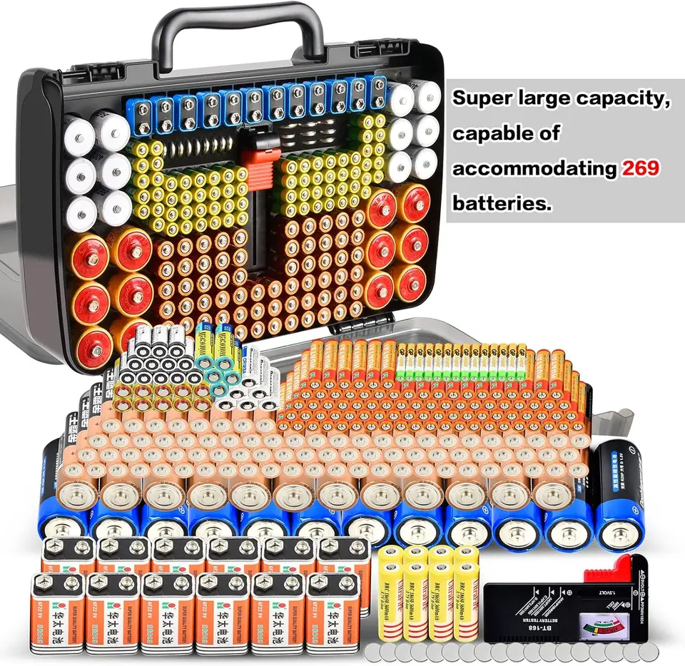 Battery Organizer Storage Case Holder - Holds 98 Batteries AA AAA C D 9V - Removable Battery Tester Included With Container - Perfect As Wall Or Drawer Organizer - By Odin & Co