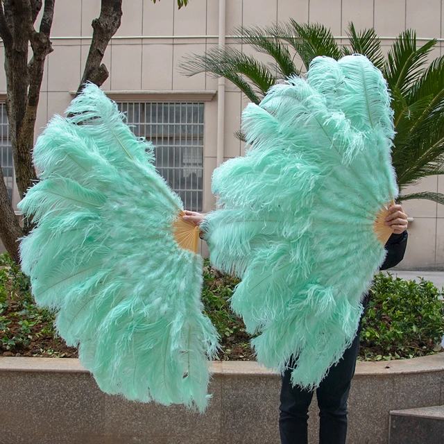 Light Blue Ostrich Feathers Small Fan Hand Held Folding 100CM Size Fans  Hand Fan for Performance Dance Party Carnival Show Prop