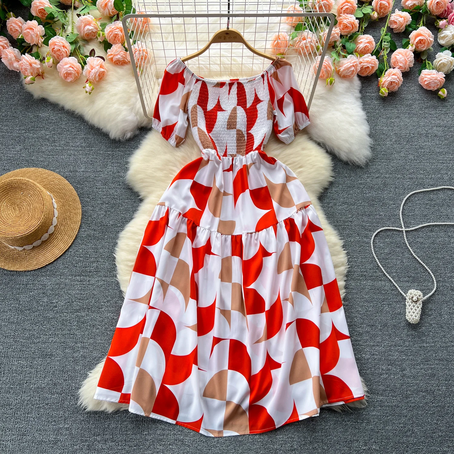 

Vintage Elegant Slash Neck Short Sleeve Ruffle Chiffon Print Dress A-line Fashion Spring Autumn Beach Vestidos Women Dresses