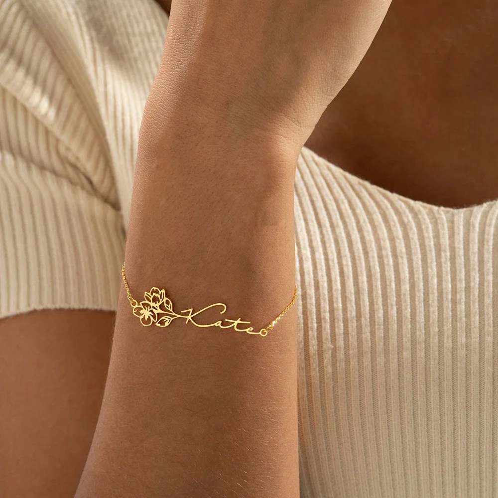 

Lovely Birthday Flower Bracelets Personalized Women Jewelry Gold Color Stainless Steel Custom Girl Name Bracelet Handmade Gifts