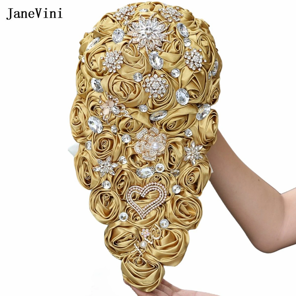 

JaneVini Luxury Gold Ribbon Flowers Waterfall Bridal Bouquets Crystal Artificial Satin Roses Cascading Wedding Bouquet for Bride