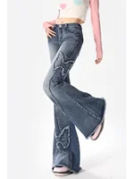 Summer New Vintage  Splicing Micro Flared Denim Jeans Women plus Size High Waist Loose Slimming Frayed Pants - Image 2