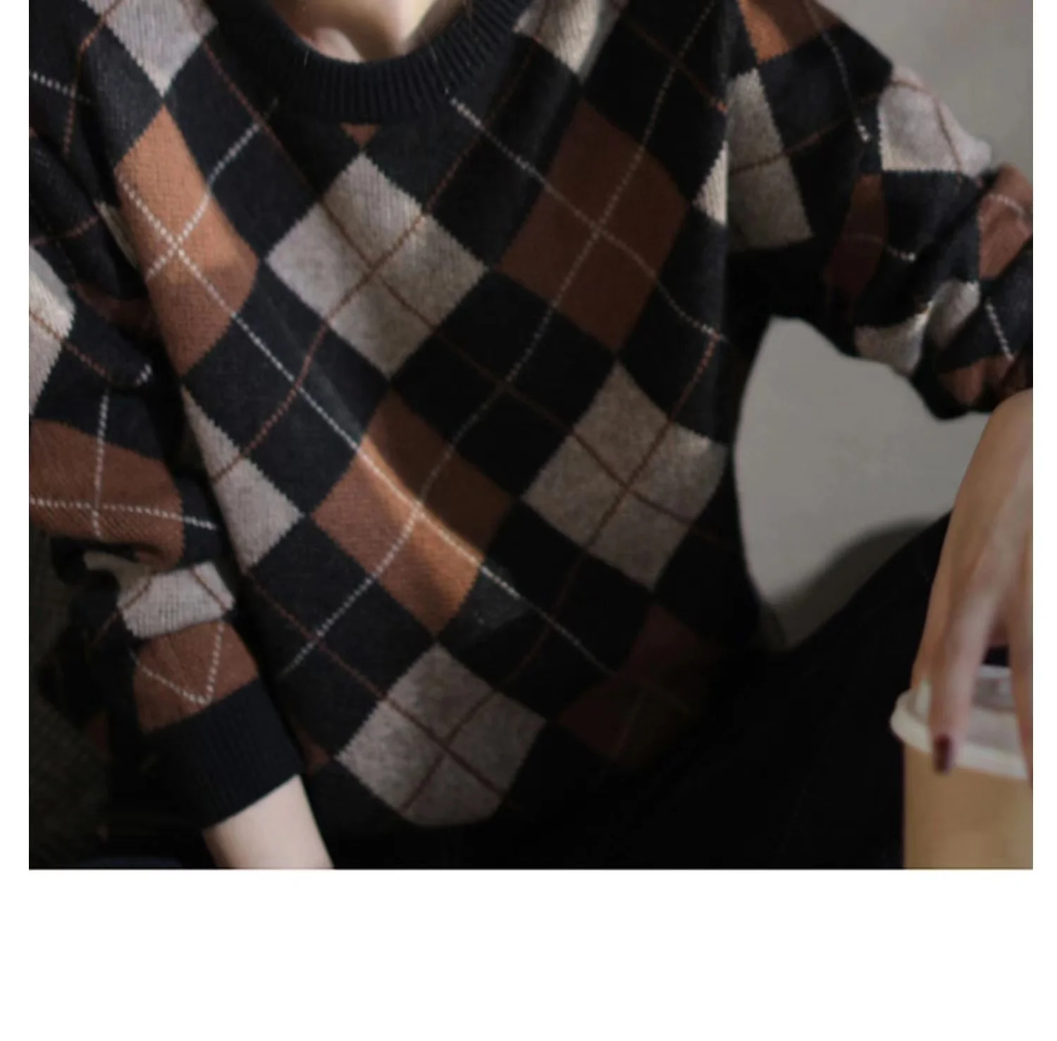 Rhomb patchwork color thickened round neck cashmere knitwear women's fall/winter loose slimming large-size wool base sweater