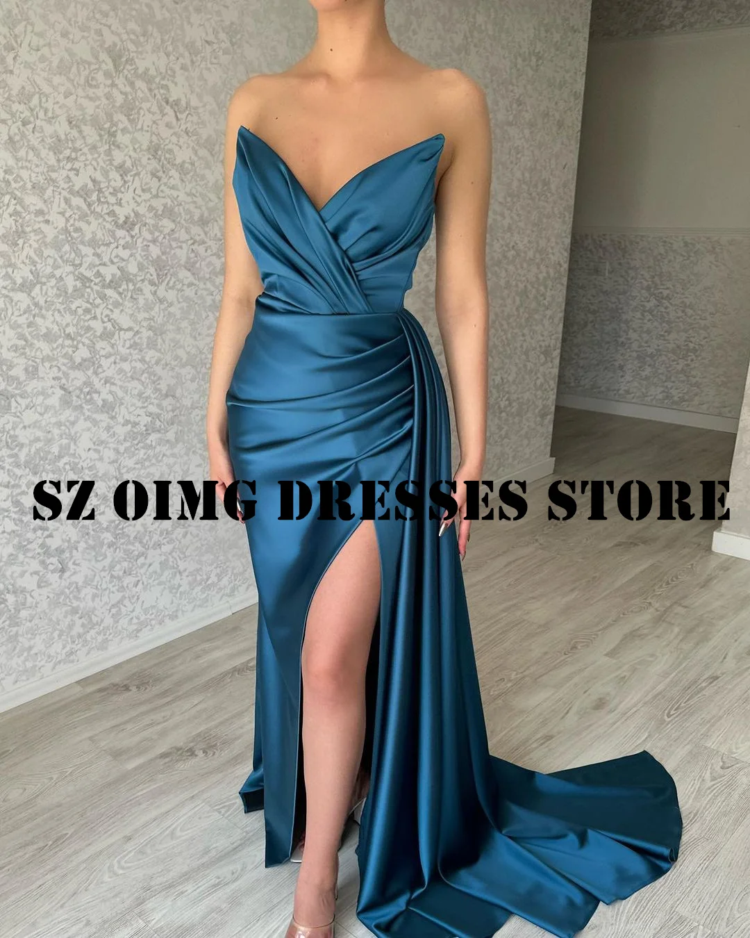 

OIMG New Design Simple Prom Dresse Arabic High Split Strapless Ruched Women Backless Green Evening Gowns Formal Party Dress