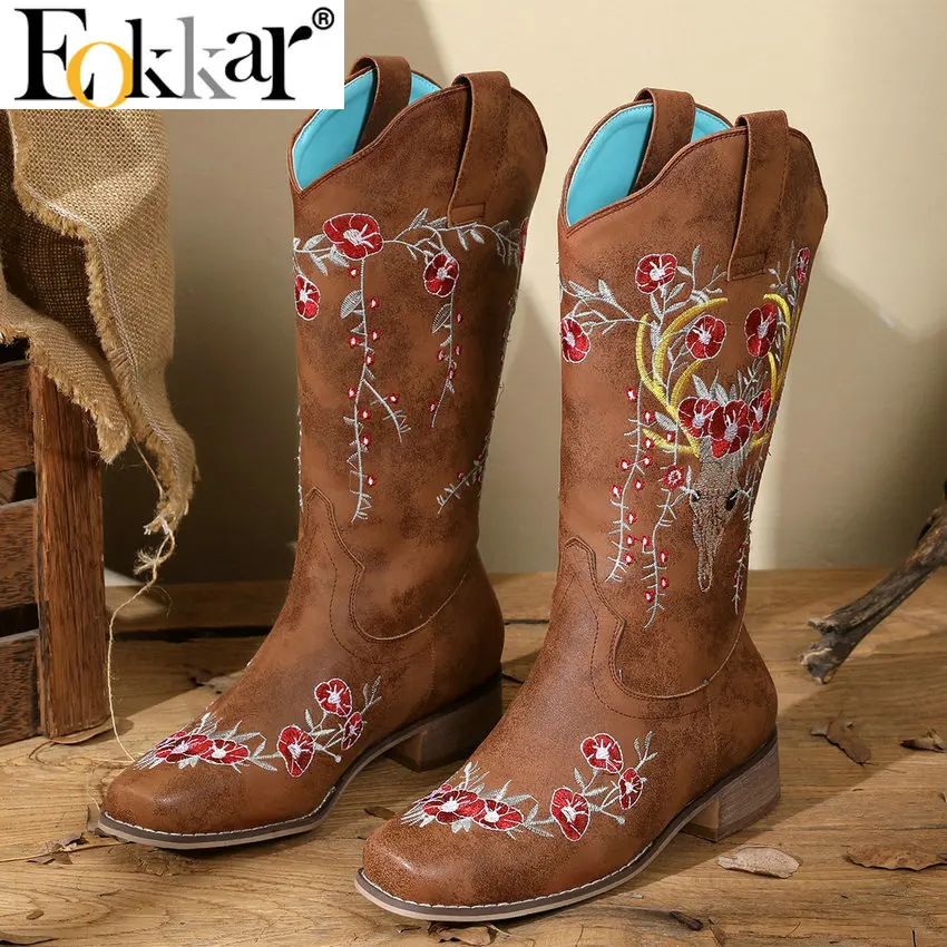 

Eokkar Embroidery Cowboy Boots for Women Low Heel Square Toe Cowgirl Knee High Boots for Ladies Shoes Vintage Western Boots