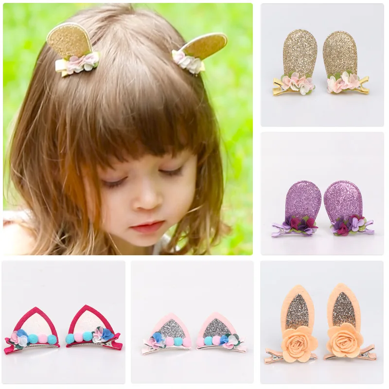 Cute Cat Rabbit Ears Hairpins 3D Sequins Cartoon Bow Glitter Hair Clips Barrettes for Girls Kids Headwear Hair Accessories