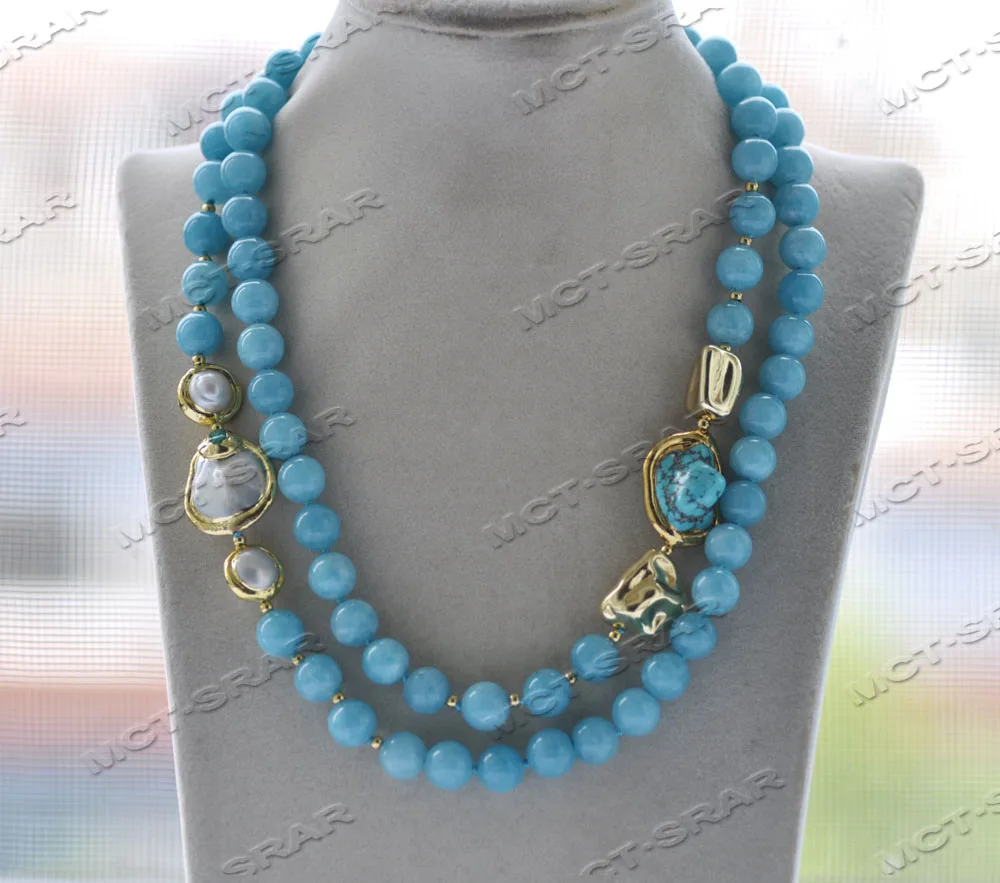 

Z12138 2Row 19'' 24mm White Coin Pearl Blue Aquamarine Necklace