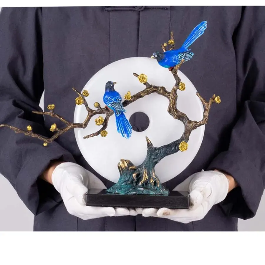

Home store Company SHOP Bring wealth money GOOD LUCK TOP Handmade bronze Magpie bird PING AN JADE Sculpture decor ART Statue