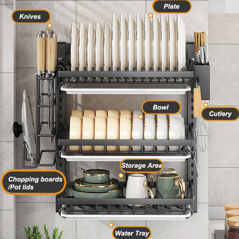 2 Layer Kitchen Dish Rack Wall Mounted Multifunctional Storage Rack No-hole Cupboard with Chopsticks Knives Plates Draining 3