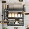 2 Layer Kitchen Dish Rack Wall Mounted Multifunctional Storage Rack No-hole Cupboard with Chopsticks Knives Plates Draining 3
