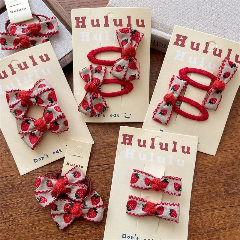 New Red Sweet Cloth Embroidered Strawberry Bow Kids Hairpins Korean Versatile Girl Headwear Hair Rope Kids Headwear Accessories 4