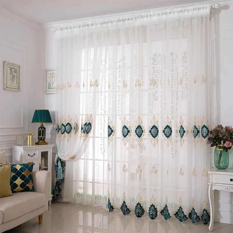 Elegant European Peony Embroidered Sheer Tulle Curtains