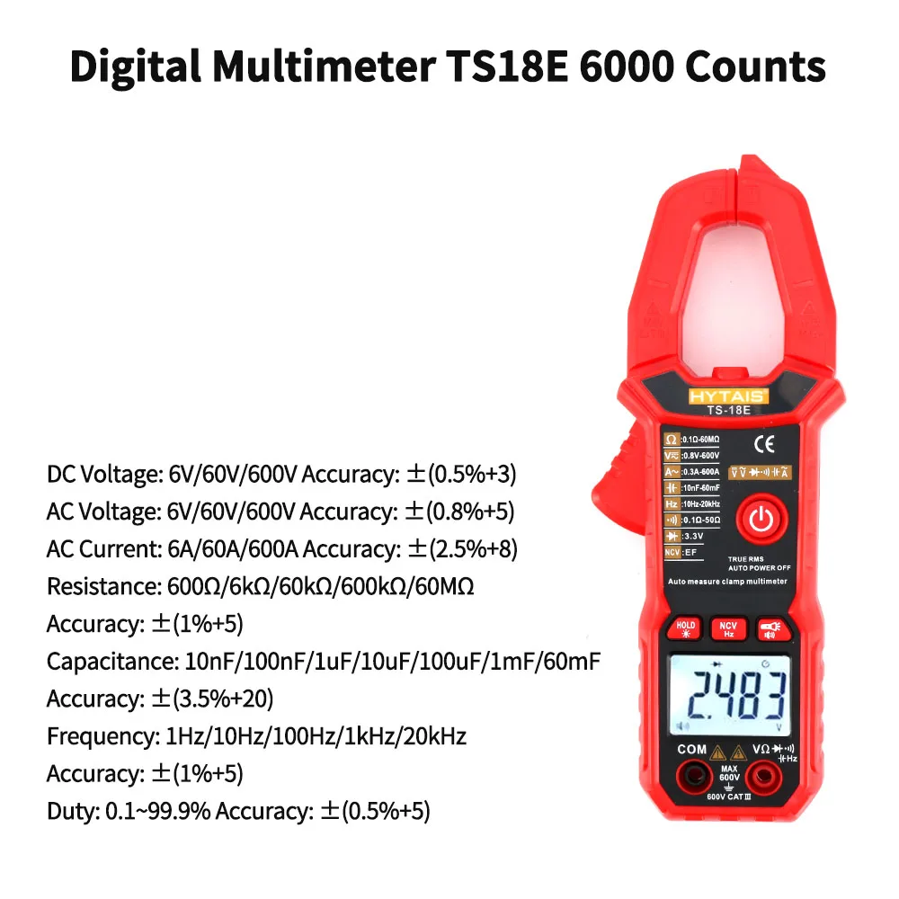 6000 Counts Digital Clamp Multimeter TS18E True RMS AC DC Voltage Resistance Capacitance Frequency APO Gauge Tester Meter