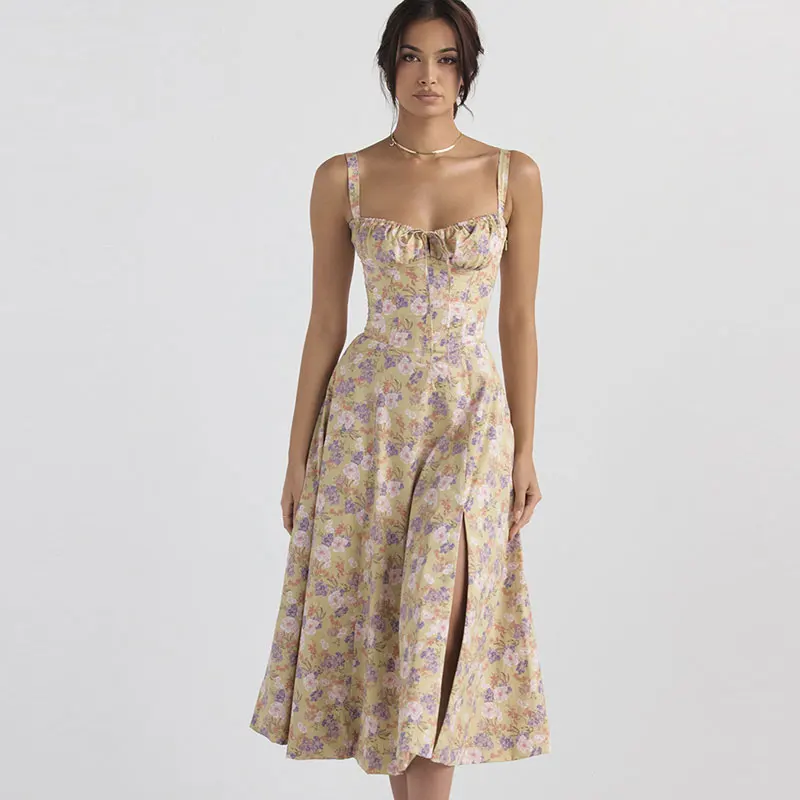 Robe à bretelles imprimée florale pour femmes, robe trapèze élégante, couleur unie, coupe couvertes, fente latérale, taille, été 2023 13