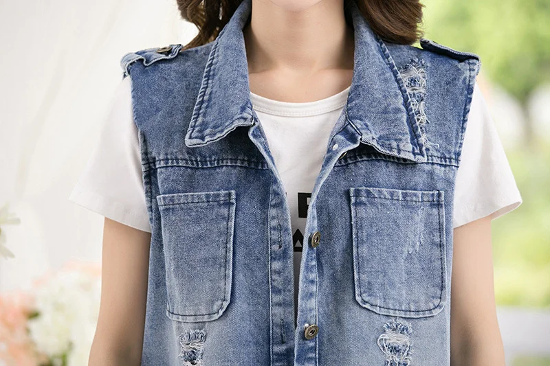 Spring Fall 2022 New Fashion Mid-Length Denim Jacket Vests Women Sleeveless Hole Jeans Waistcoat Casual Vest Outerwear Plus Size long down puffer coat