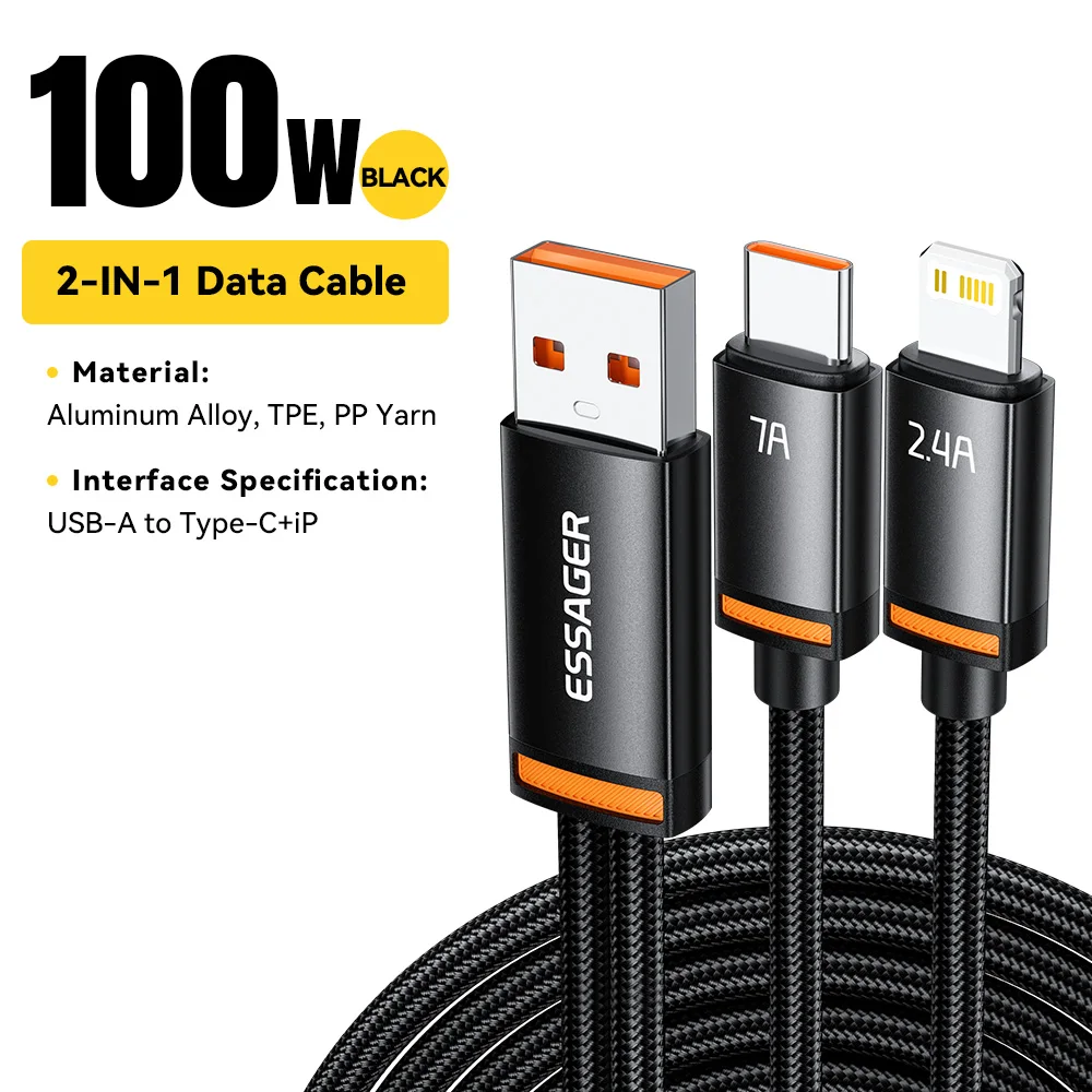 Essager 7A 100W 2 في 1 كابل USB USB نوع C شاحن سري...